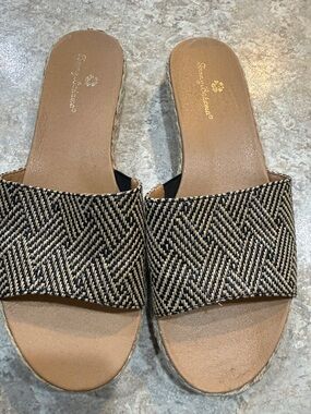 Tommy Bahama Black & Cream Woven Espadrille Slide Mules